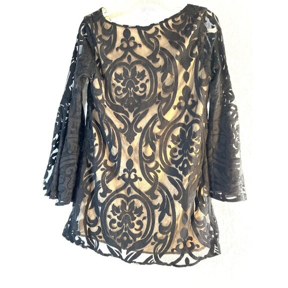 Peppermint USA Top Womens Size S Black/Tan Lined Lace Bell Sleeves Tunic - Picture 2 of 8